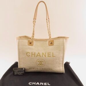 CHANEL CC GHW Deauville Chain Tote Bag Canvas Beige